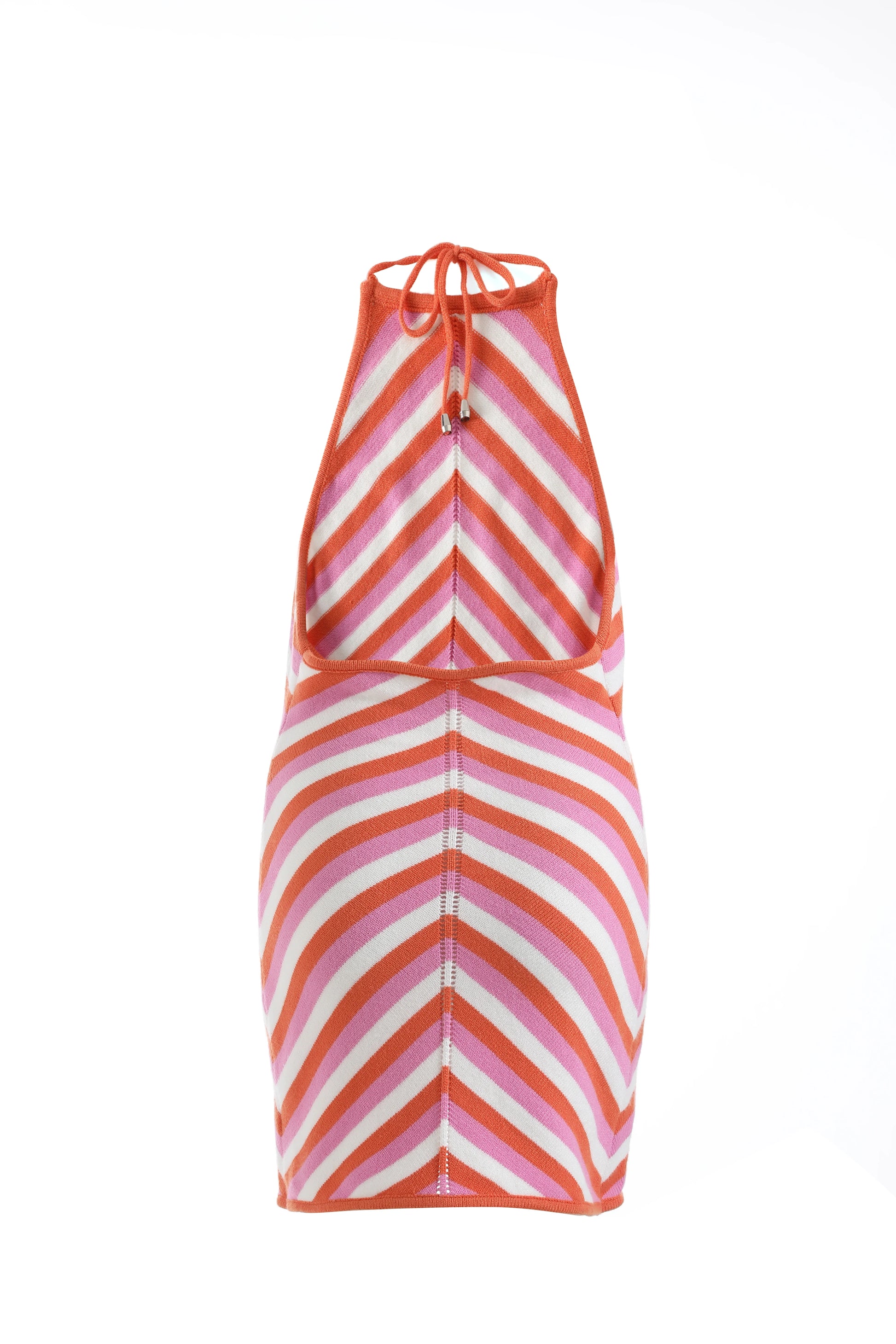 Chic sleeveless lace-up halter dress in orange and pink stripes for stylish summer wear