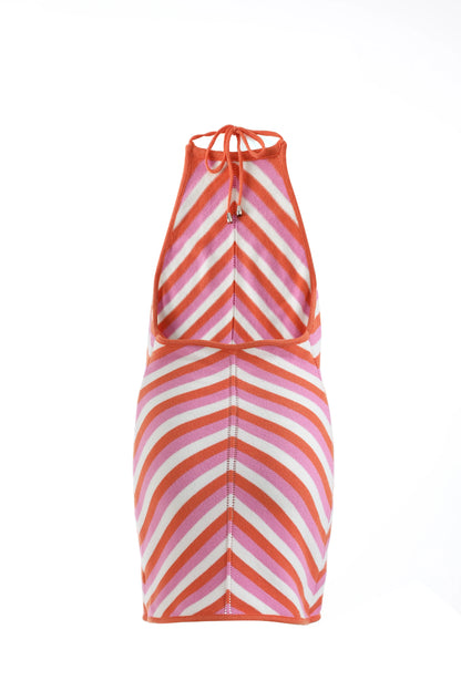 Chic sleeveless lace-up halter dress in orange and pink stripes for stylish summer wear