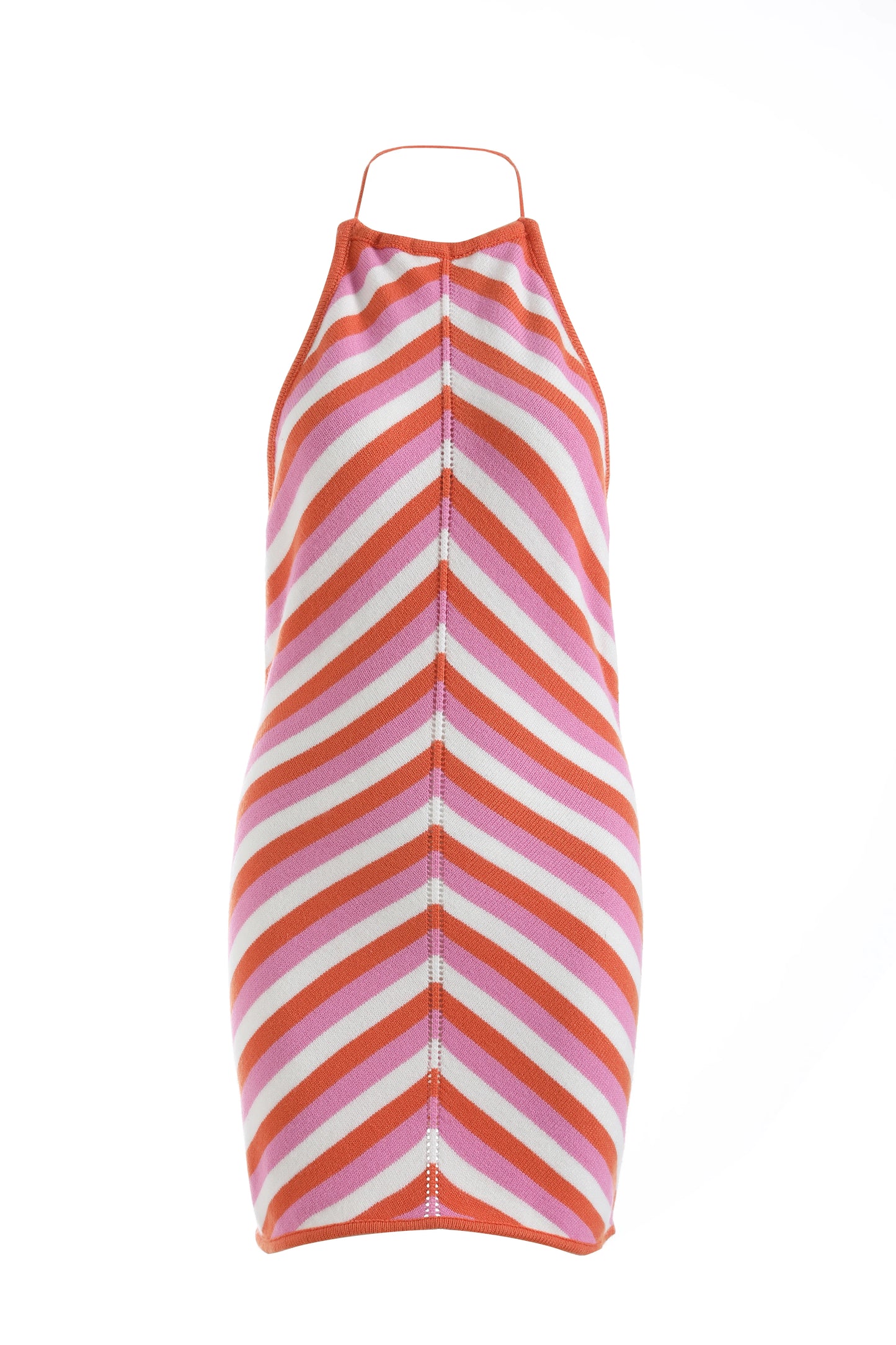 Chic sleeveless lace-up halter dress in vibrant chevron pattern with orange and pink stripes