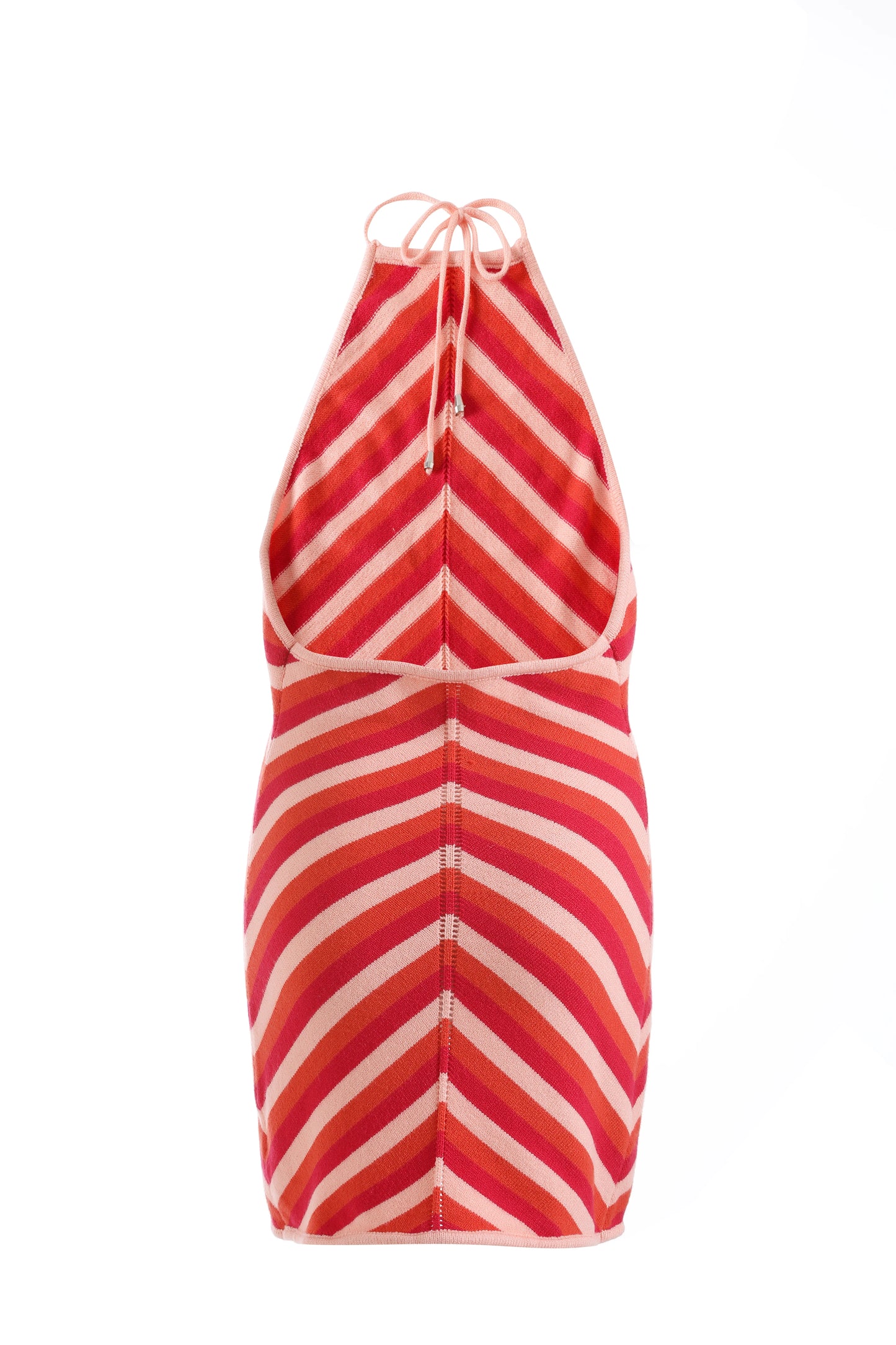Chic sleeveless lace-up halter dress with red and pink striped design for a stylish summer look