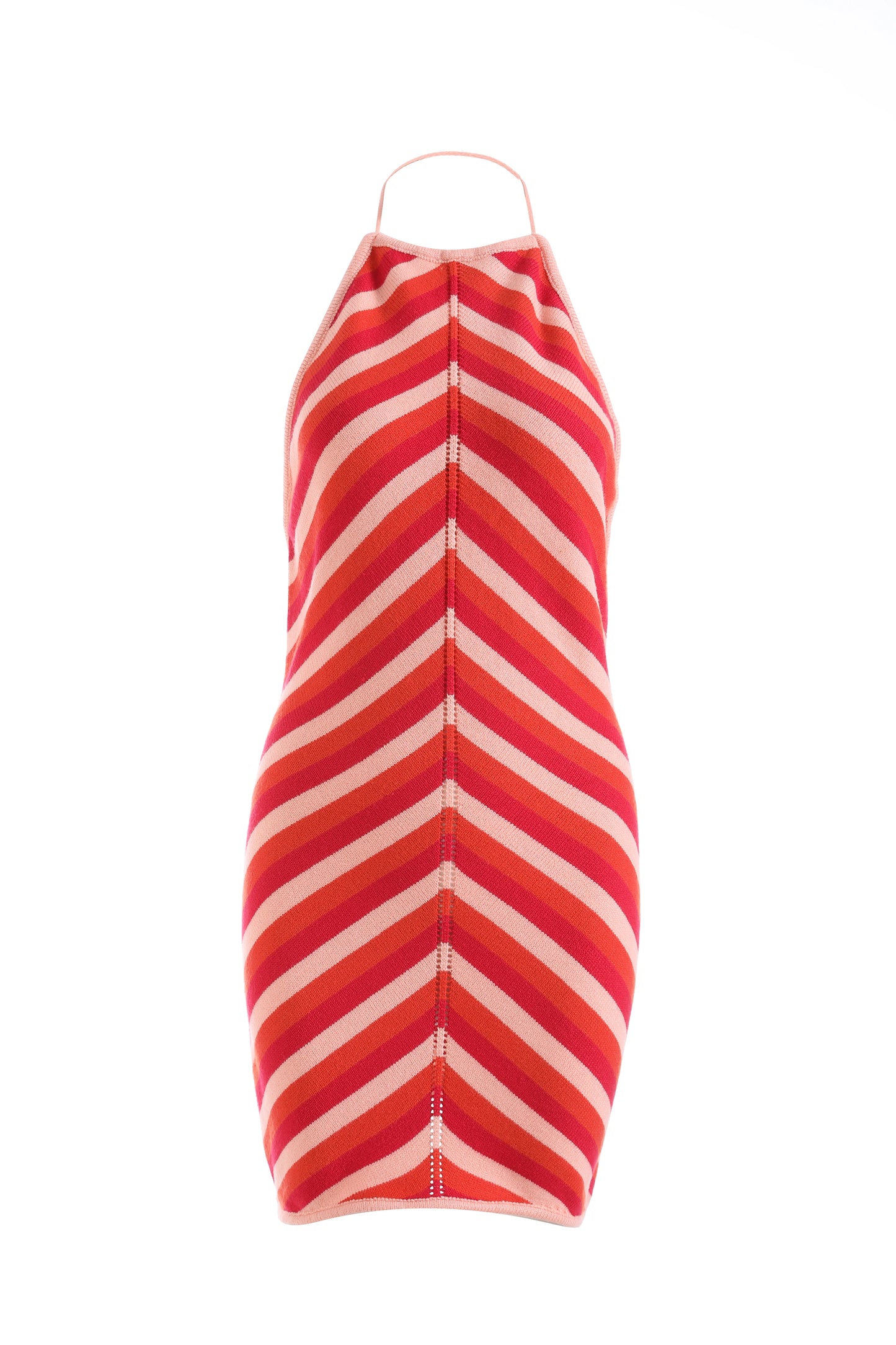 EtherealBe Chic sleeveless lace-up halter dress with bold red and peach stripes for a trendy summer look