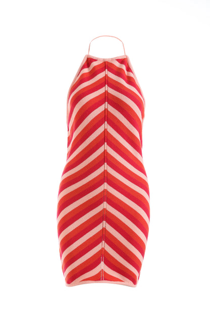 EtherealBe Chic sleeveless lace-up halter dress with bold red and peach stripes for a trendy summer look
