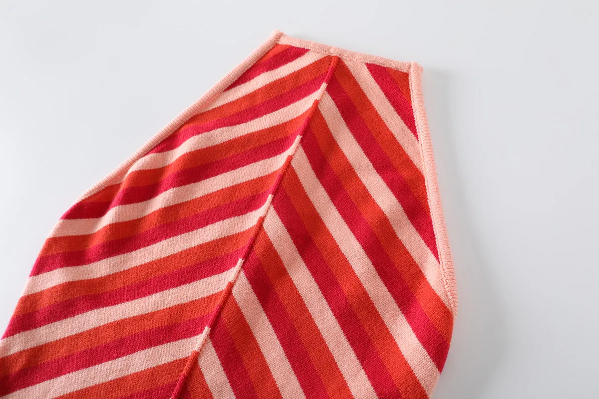 EtherealBe chic sleeveless lace-up halter dress featuring vibrant red and pink stripes