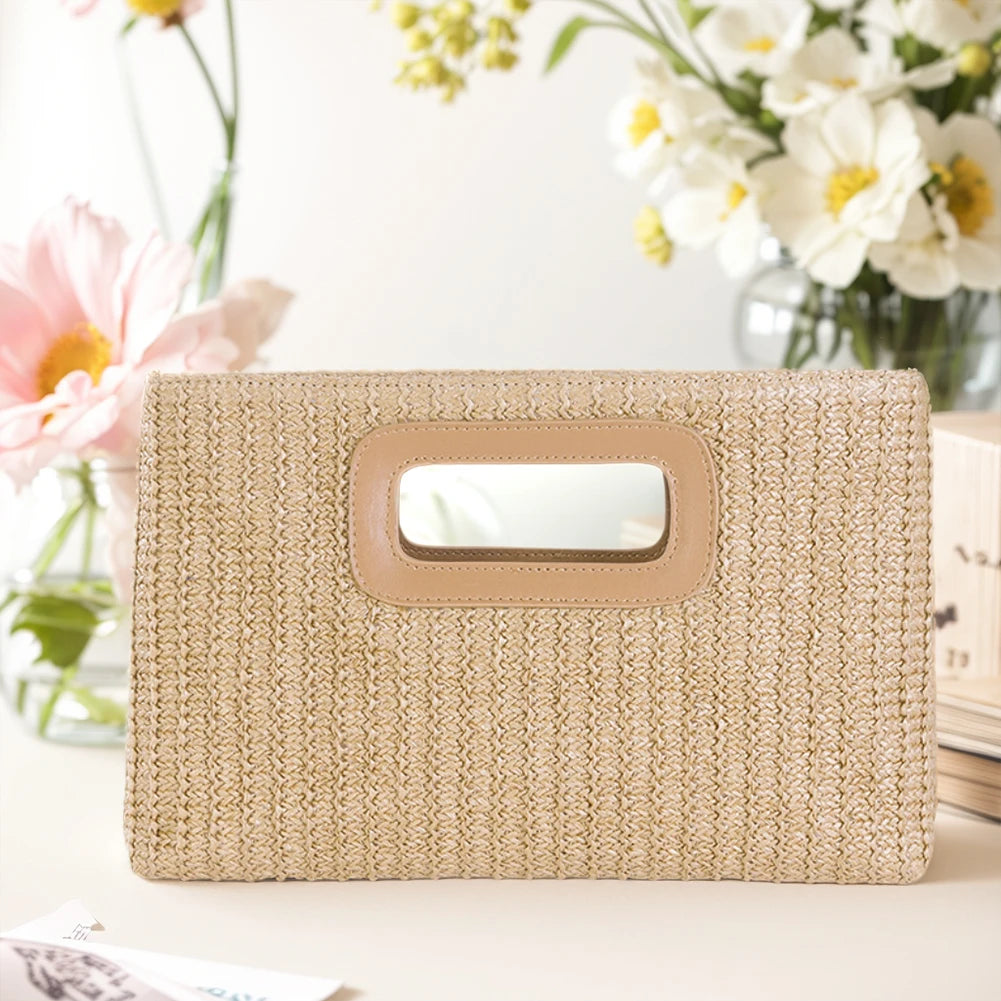 Chic straw woven shoulder bag with unique cutout handle for stylish summer outings