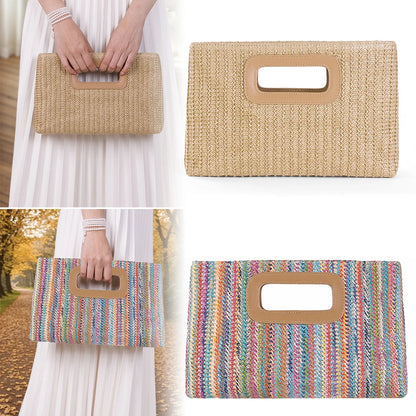 Chic straw woven shoulder bag with a modern handle and vibrant color variations for stylish outings