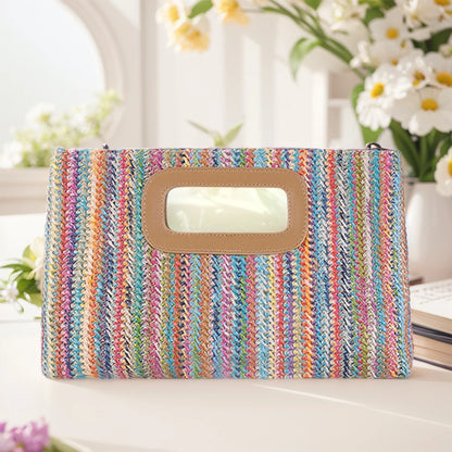 Chic straw woven shoulder bag in vibrant colors with a stylish cut-out handle design
