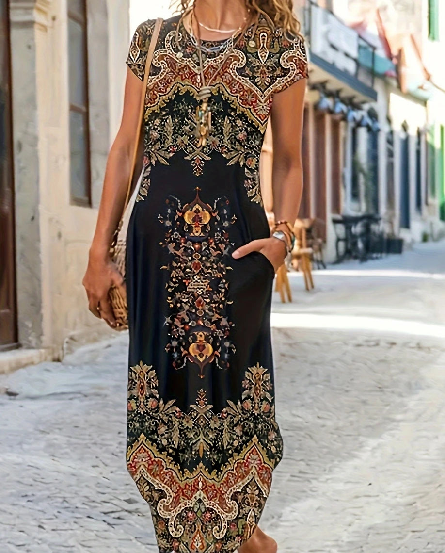 Elegant woman wearing a chic temperament dress for women with intricate patterns and side pockets