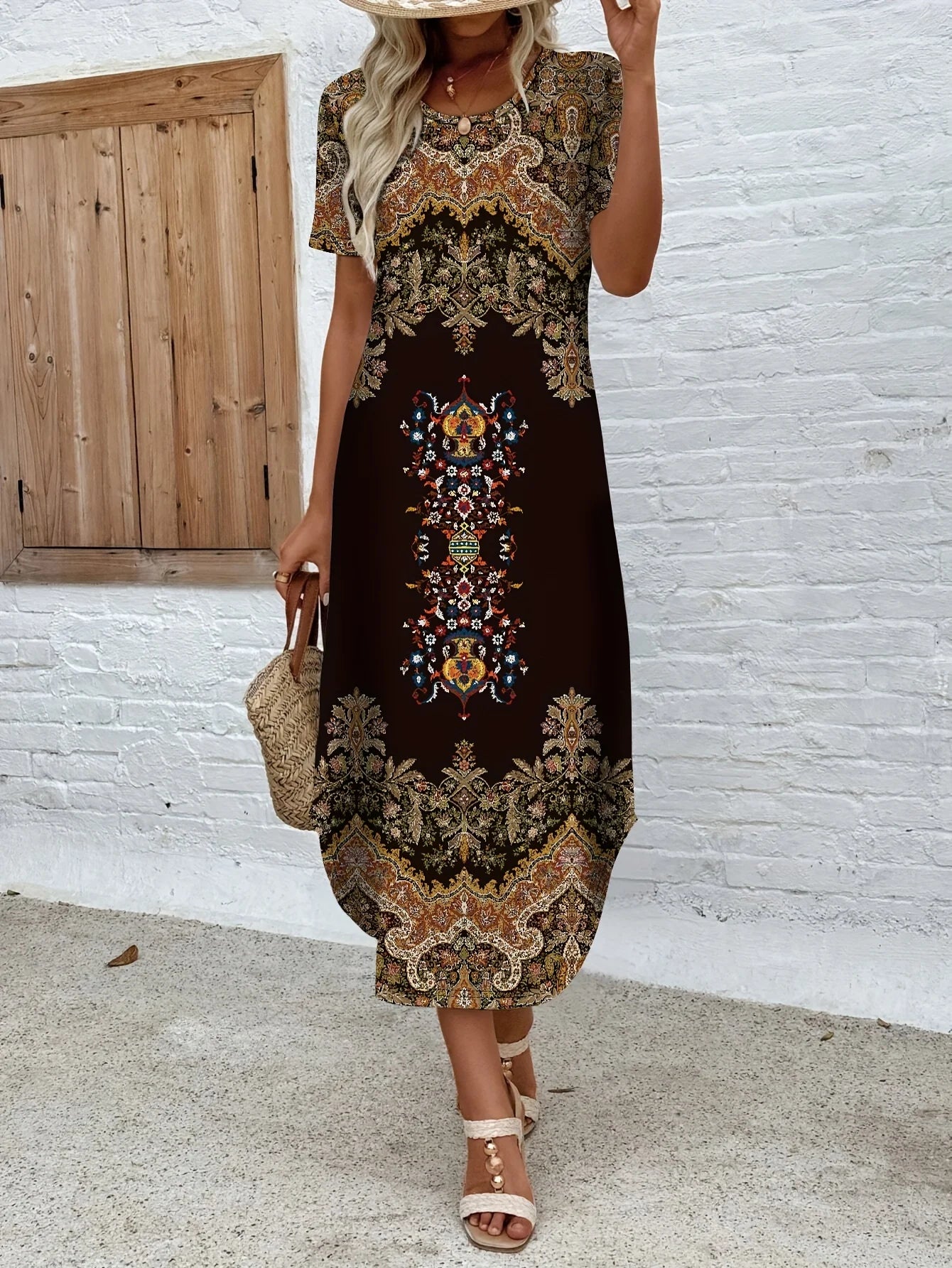 EtherealBe chic temperament dress for women in dark floral pattern with short sleeves and knee-length design