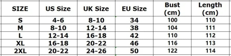 EtherealBe elegant long coat for women size chart showing S to 2XL with US UK EU bust and length cm