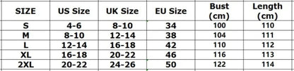 EtherealBe elegant long coat for women size chart showing S to 2XL with US UK EU bust and length cm