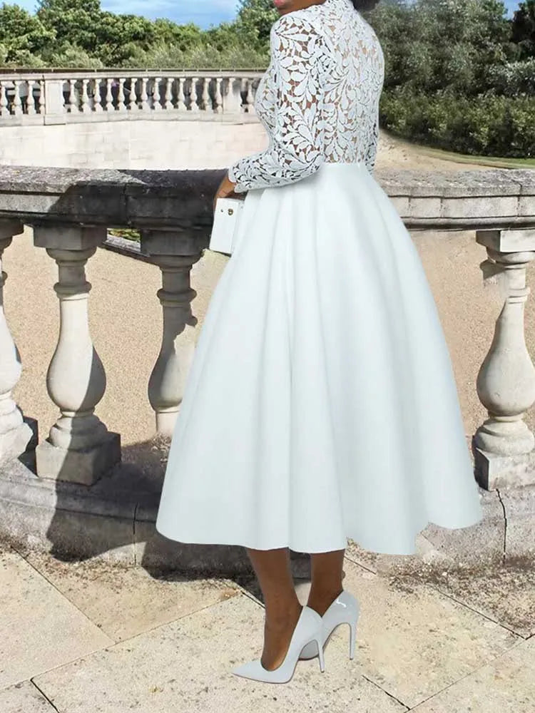 White tea length gown with floral lace long sleeve bodice and full skirt elegant lace party dress for women