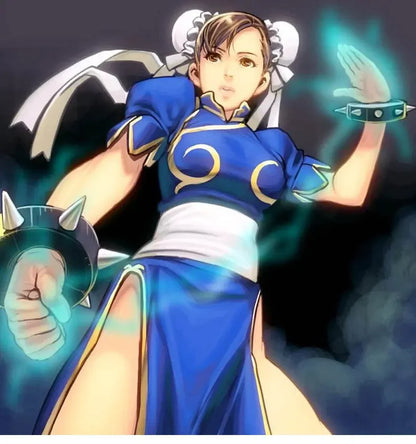 Chun Li Street Fighter cosplay costume featuring a blue dress with white accents and traditional accessories