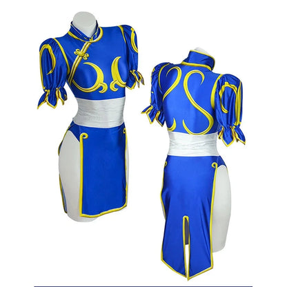 Chun Li Street Fighter cosplay costume featuring a blue dress with yellow accents and puff sleeves