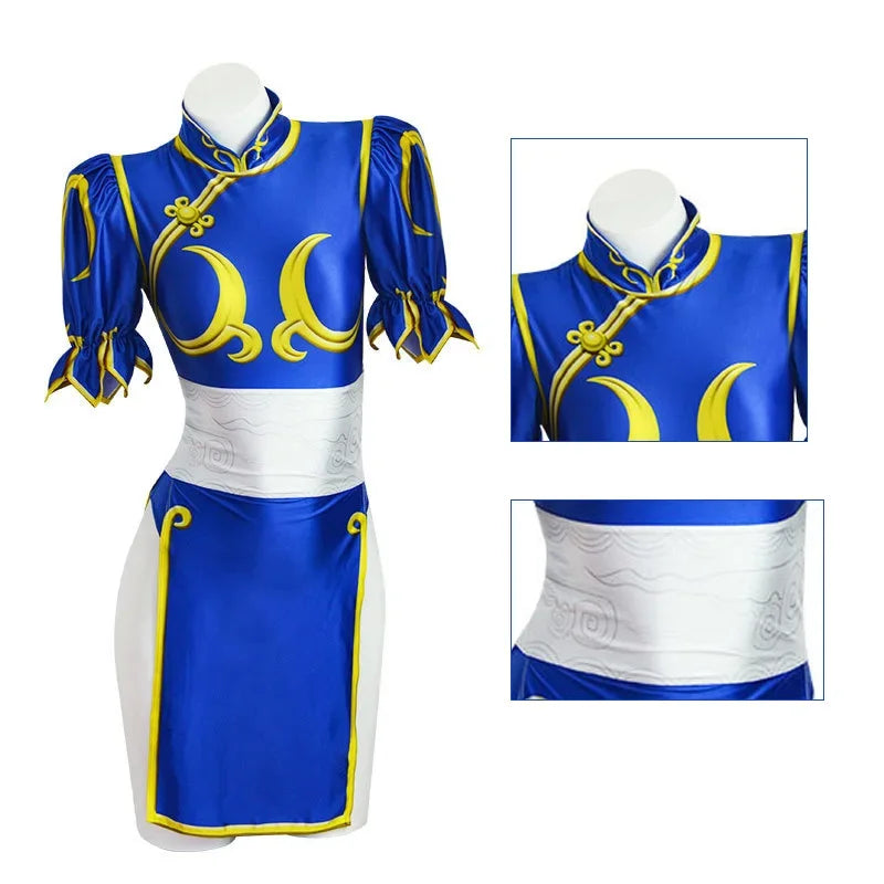 Chun Li Street Fighter cosplay costume in blue with detailed design and puff sleeves for fans