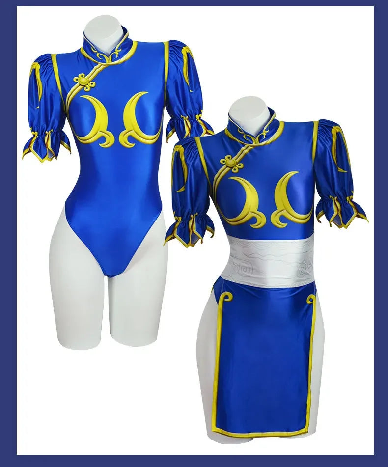 Chun Li Street Fighter cosplay costume in blue with yellow accents and puffed sleeves