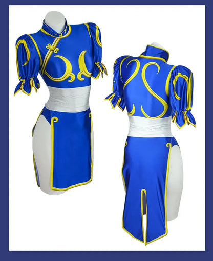 Chun Li Street Fighter cosplay costume in blue with yellow accents and puff sleeves for fans and gamers