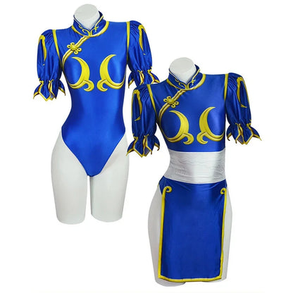 Chun Li Street Fighter cosplay costume in vibrant blue with intricate gold designs and puff sleeves