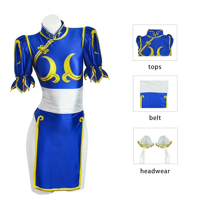 Chun Li Street Fighter cosplay costume featuring blue top, white belt, and headwear for fans and events