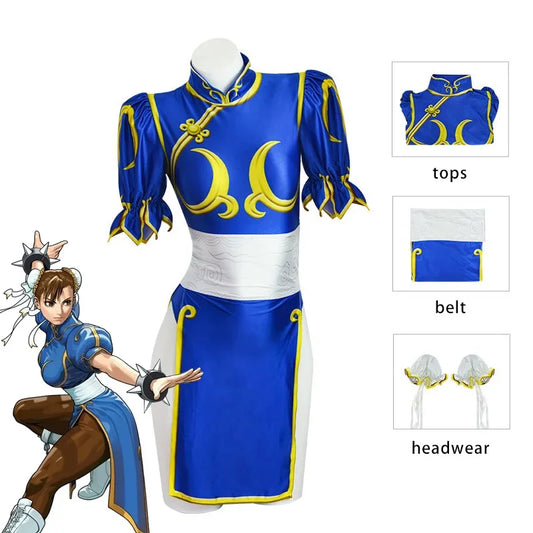 Chun Li Street Fighter cosplay costume featuring a blue dress, white belt, and stylish headwear