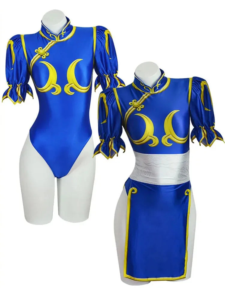 Chun Li Street Fighter cosplay costume in blue with puffed sleeves and gold accents for fans and conventions
