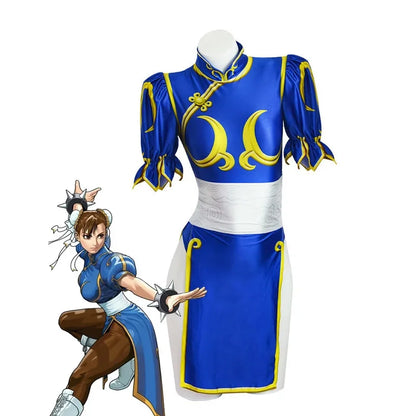 Chun Li Street Fighter cosplay costume in blue with decorative patterns and puff sleeves