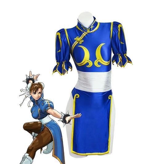 Chun Li Street Fighter cosplay costume in blue with decorative patterns and puff sleeves
