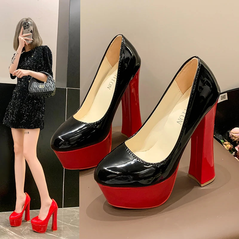 Black and red chunky heel platform pumps for stylish elevation and comfort in fashion