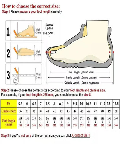 Size guide for chunky heel platform pumps showing foot measurement steps and size chart