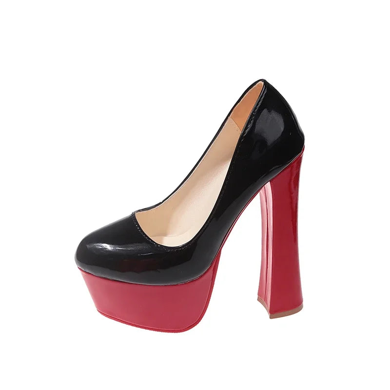 Stylish black and red chunky heel platform pumps with a sleek design for fashion-forward looks