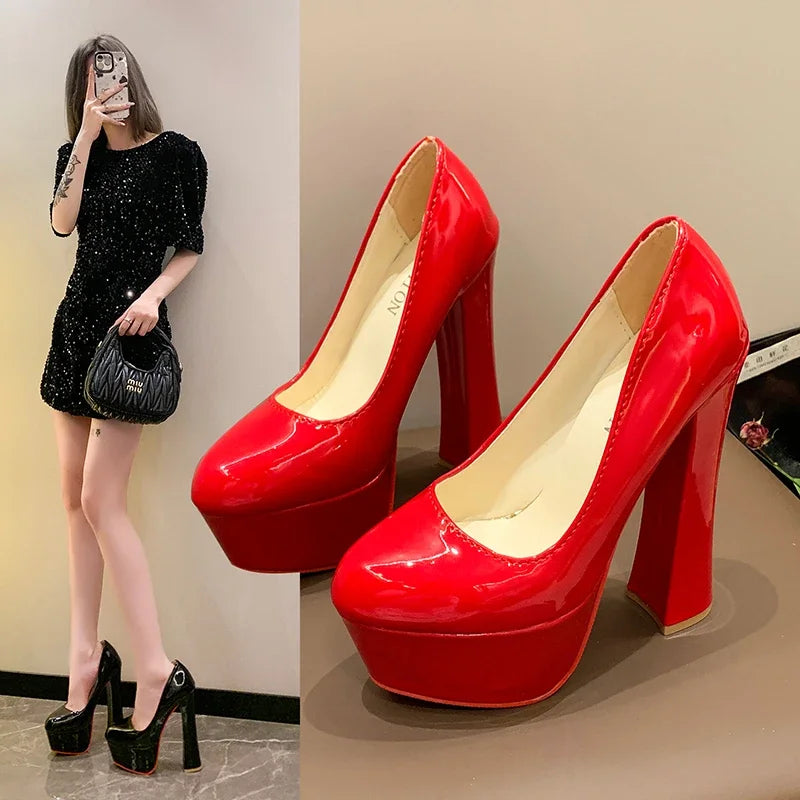 Red chunky heel platform pumps with a glossy finish, perfect for stylish outfits and special occasions
