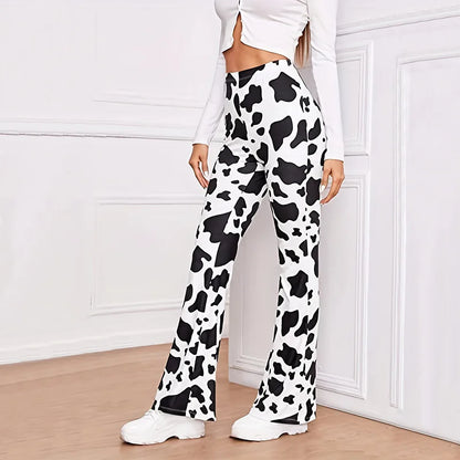EtherealBe comfortable animal print lounge pants in black and white cow pattern for casual wear
