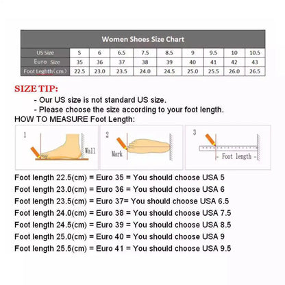 Size chart for comfortable slip on flats for women showing US and Euro shoe sizes