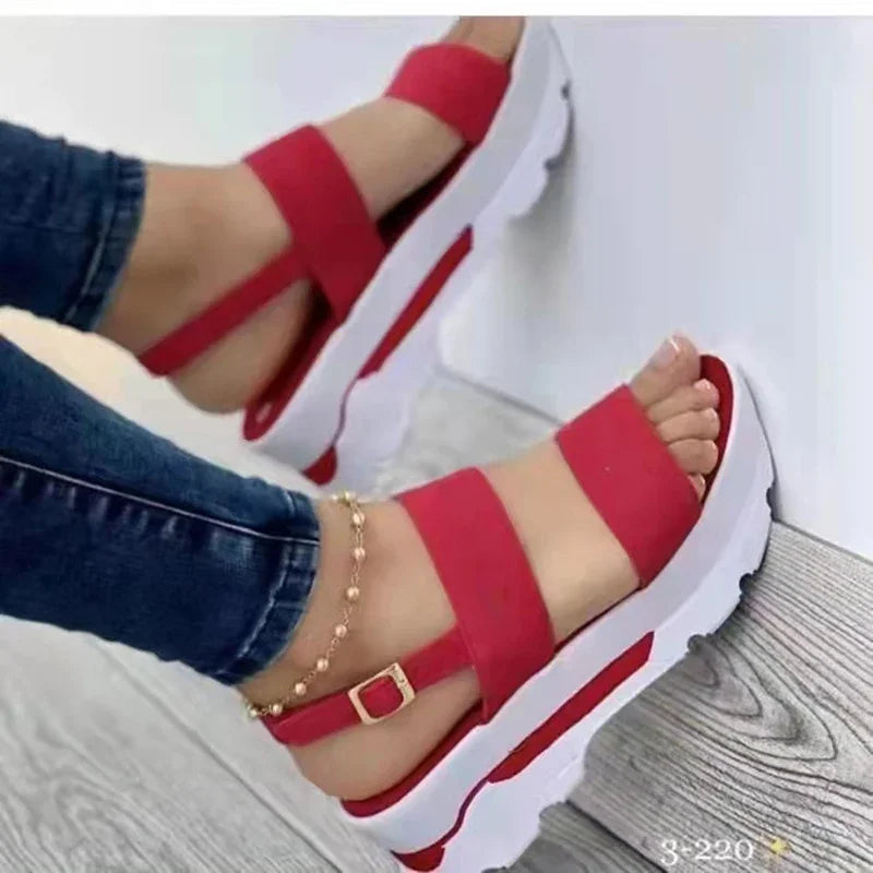 Red comfortable wedges shoes for ladies with adjustable straps and a stylish design
