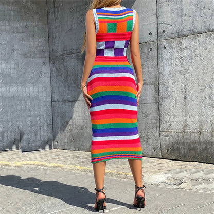 Back view of a colorful contrasting color knitted dress for women featuring vibrant stripes