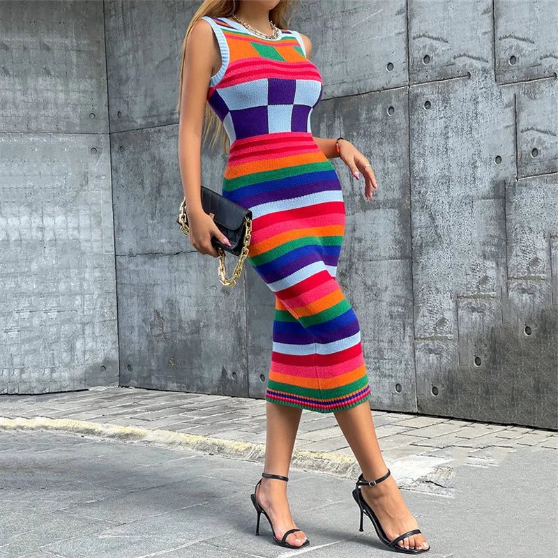 EtherealBe contrasting color knitted dress women with vibrant stripes and a fitted silhouette