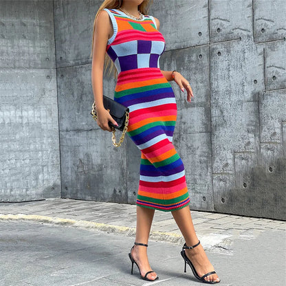 EtherealBe contrasting color knitted dress for women with a vibrant striped design for a stylish look