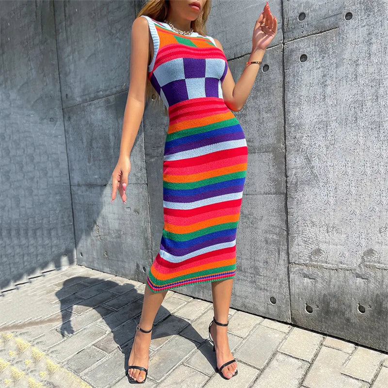 EtherealBe contrasting color knitted dress for women with vibrant stripes and a fitted silhouette