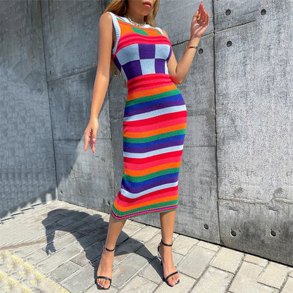 EtherealBe contrasting color knitted dress for women with vibrant stripes and a fitted silhouette