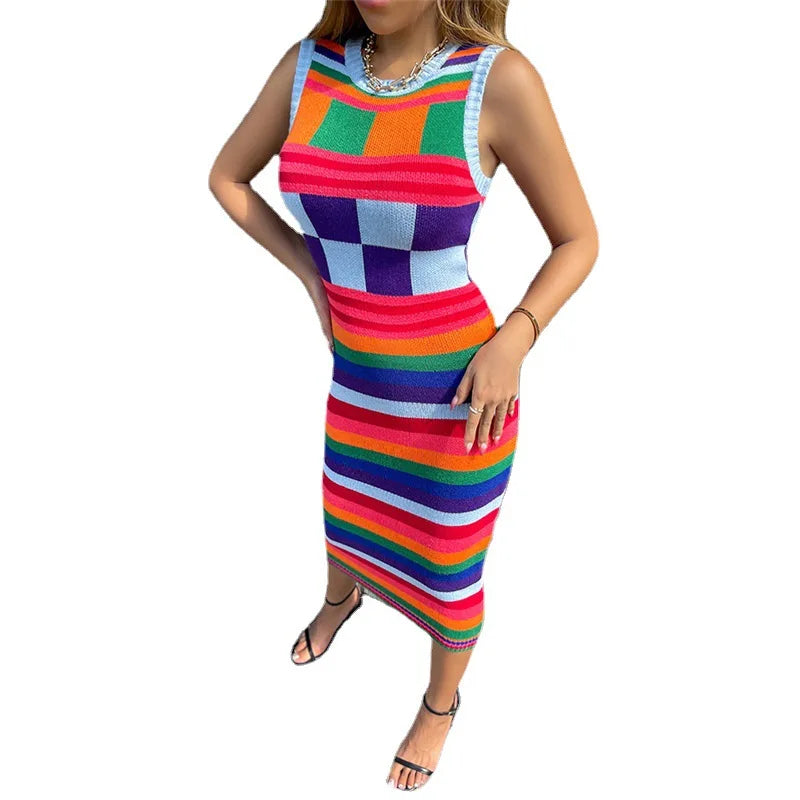 Colorful EtherealBe contrasting color knitted dress for women in a vibrant striped design