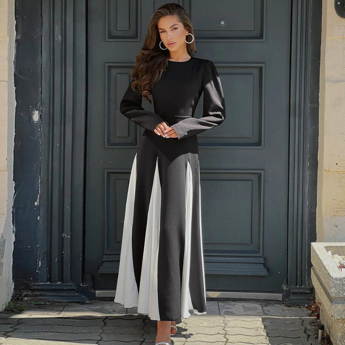 EtherealBe Contrasting Color Mid-Waist Dress with Elegant Design and Flowy Skirt