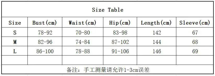 EtherealBe Contrasting Color Mid-Waist Dress with Size Chart Displaying Bust, Waist, Hip, Length, and Sleeve Measurements