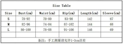EtherealBe Contrasting Color Mid-Waist Dress with Size Chart Displaying Bust, Waist, Hip, Length, and Sleeve Measurements