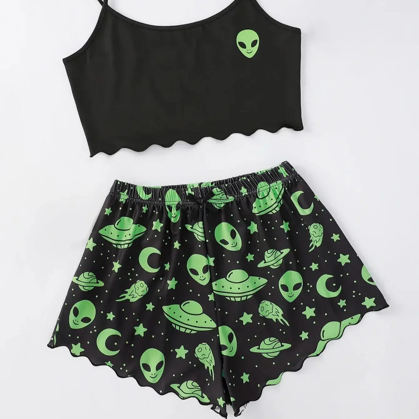 Black cami and shorts with green alien faces UFOs moons and stars scalloped hem alien sleepwear set for women