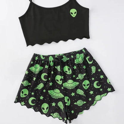 Black cami and shorts with green alien faces UFOs moons and stars scalloped hem alien sleepwear set for women