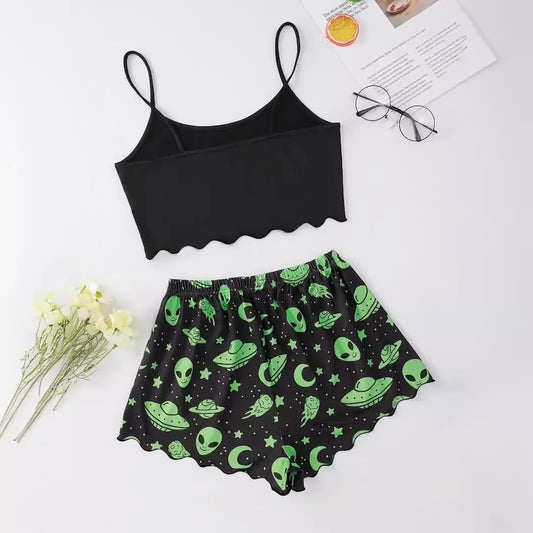 EtherealBe alien sleepwear set for women black scallop cami top and elastic waist shorts with green alien UFO print