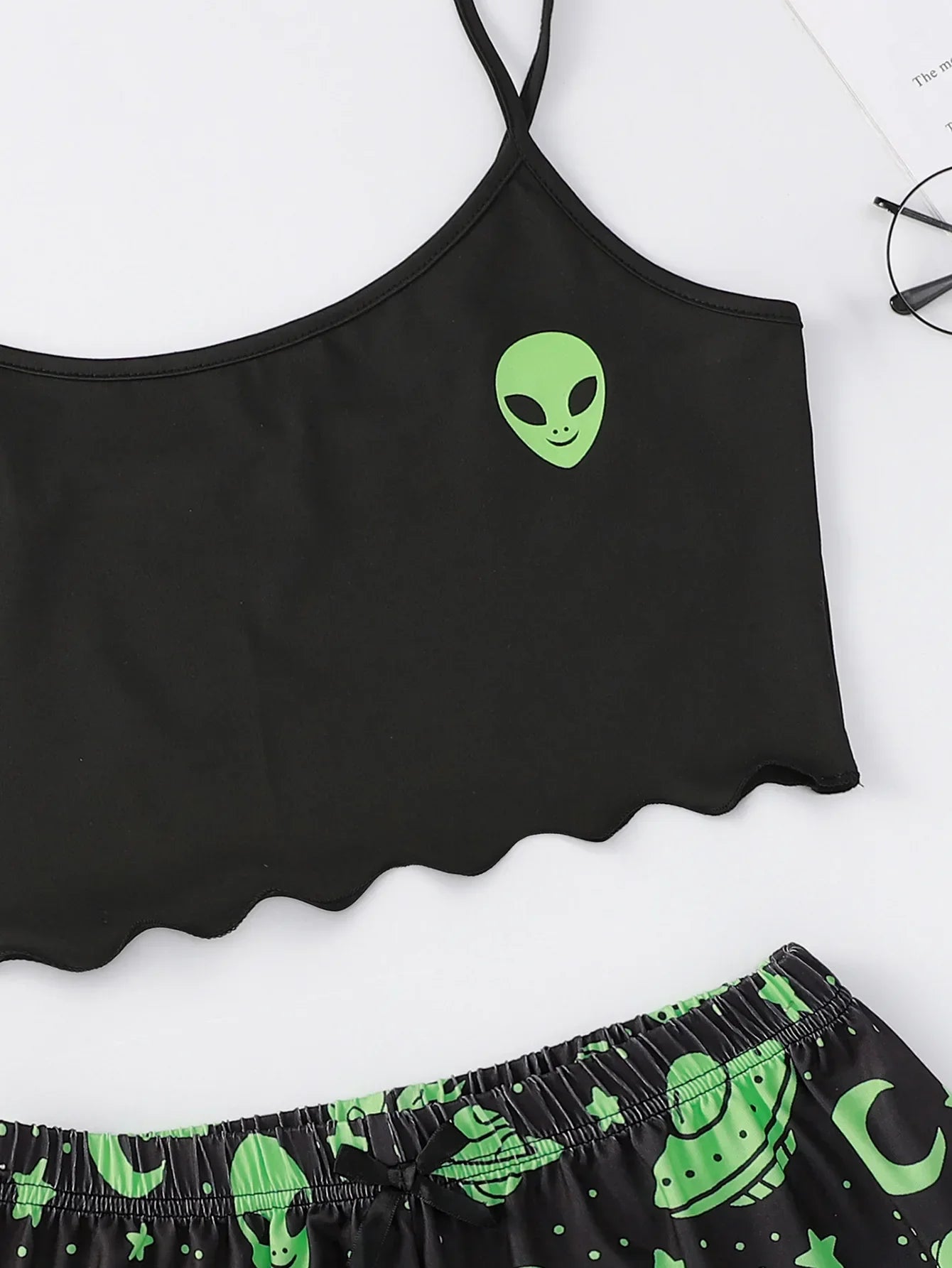 alien sleepwear set for women black crop cami with green alien print scalloped hem and matching UFO print shorts