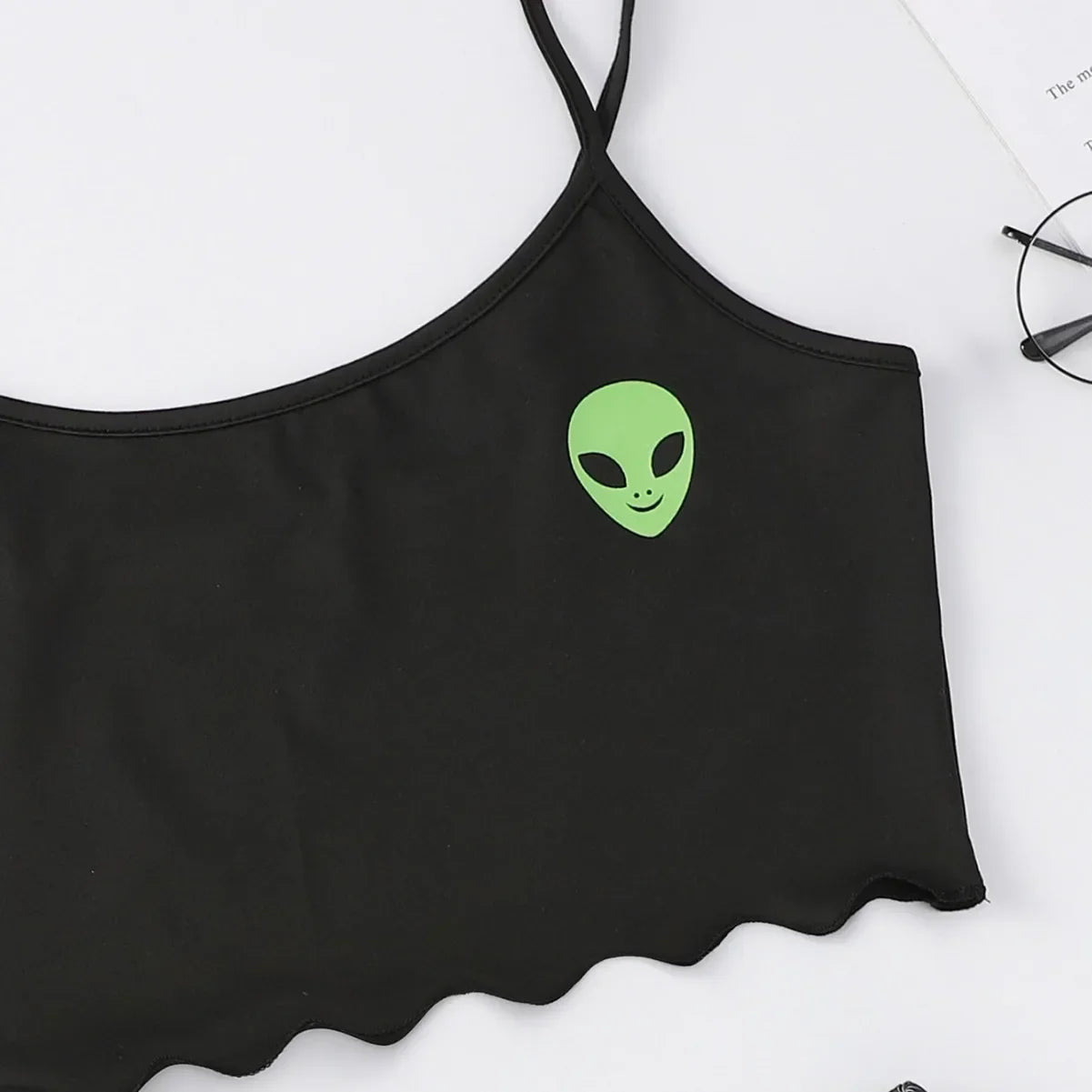 Black cropped cami top with green alien head print and scalloped hem alien sleepwear set for women