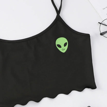 Black cropped cami top with green alien head print and scalloped hem alien sleepwear set for women