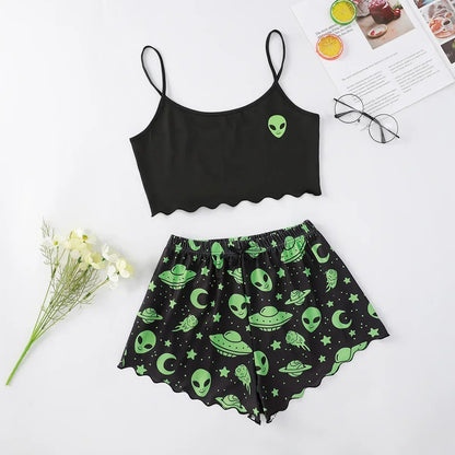 Black crop cami and matching shorts with green alien and UFO print alien sleepwear set for women