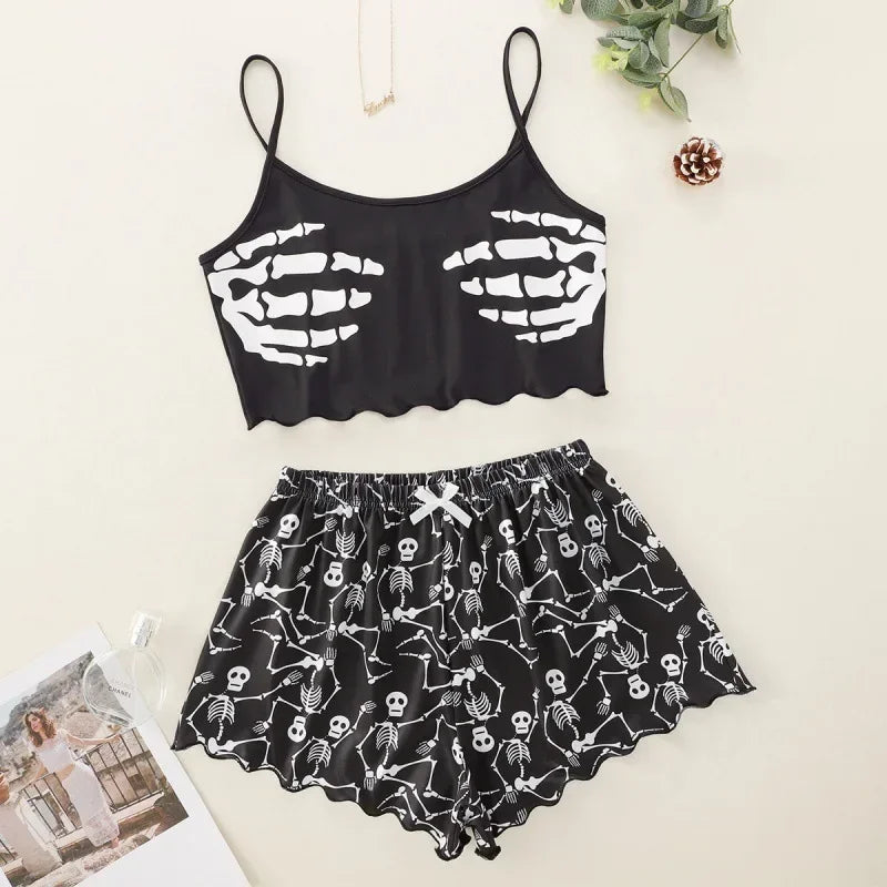 EtherealBe alien sleepwear set for women black skeleton hand crop top with matching skull print shorts for lounging